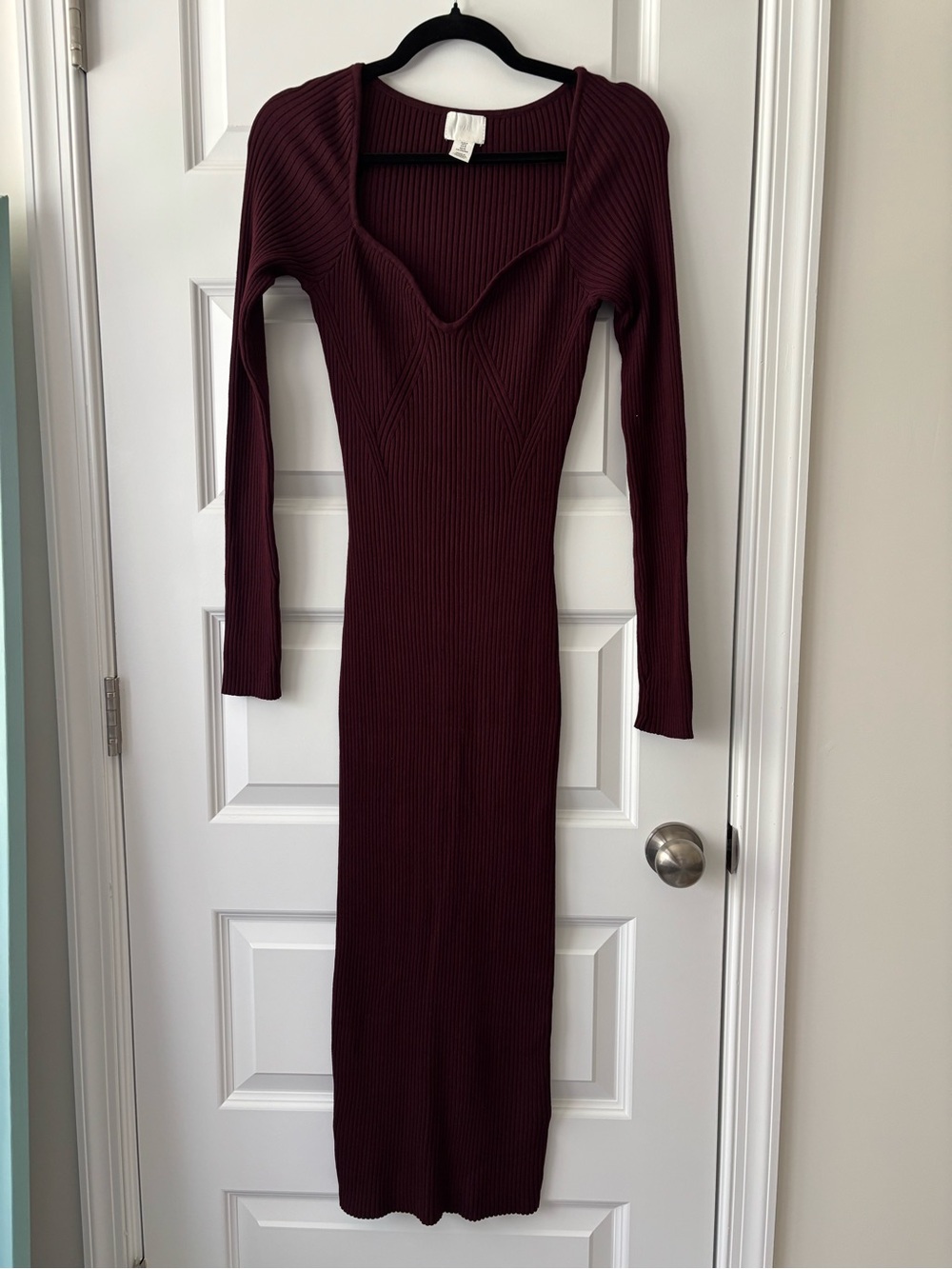 H&M Ribbed Long Sleeve Midi Dress - Burgundy M
